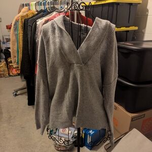 aerie Gray Waffle-Knit Hooded Cowl Sweater